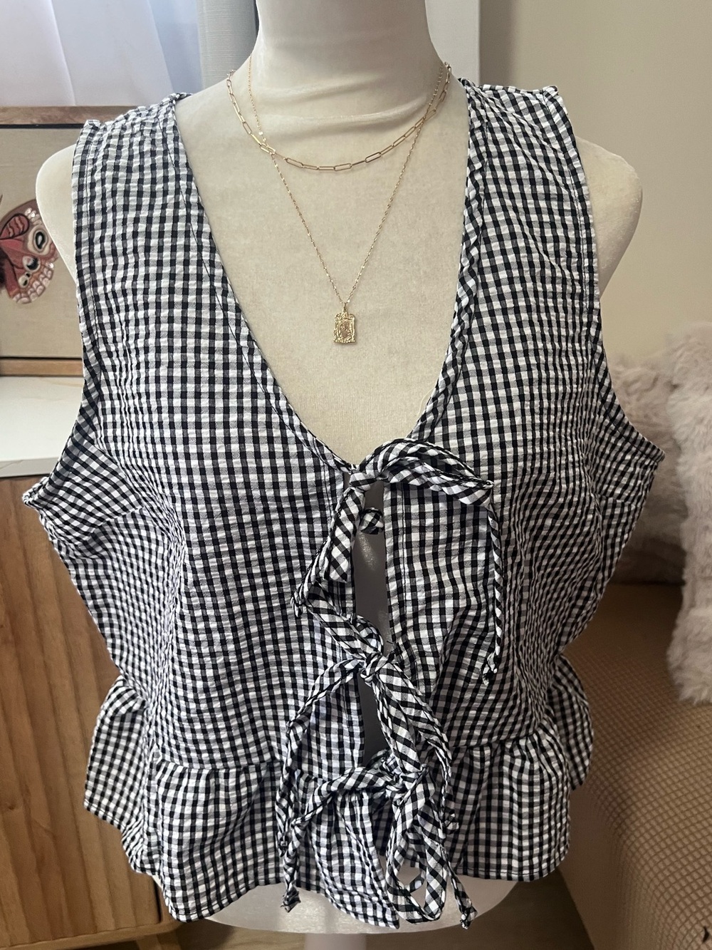 New Look Black and White Gingham Tie-Front Camisole
